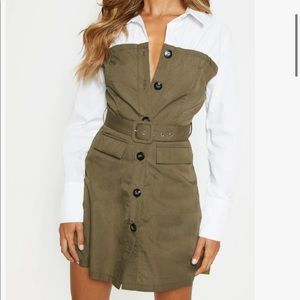 Khaki Bandeau Contrast Buttons Belted Shirt Dress